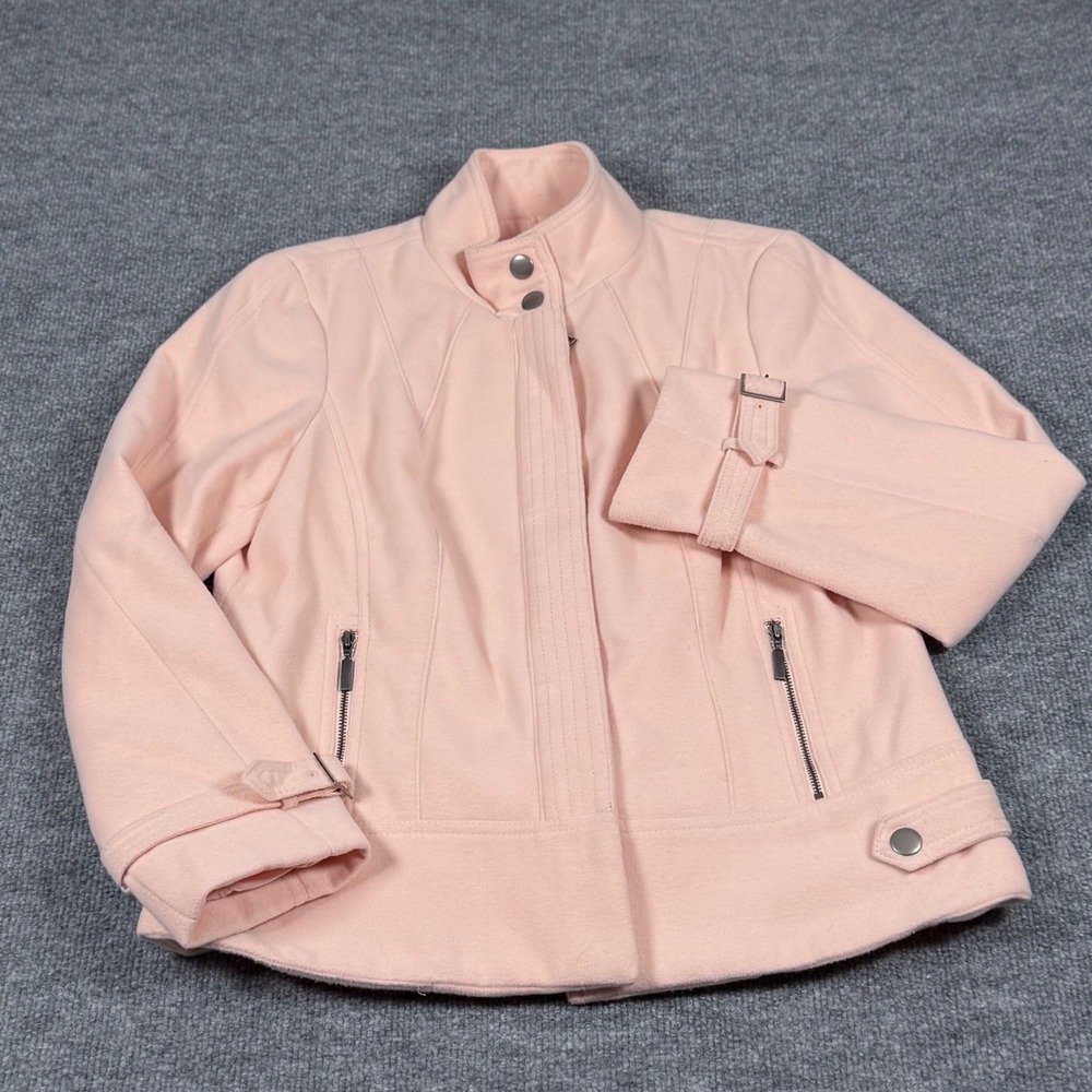 Chicos 1 Medium Pale Pink Moto Jacket Zip Front Collared Snap Detail Bikercore
